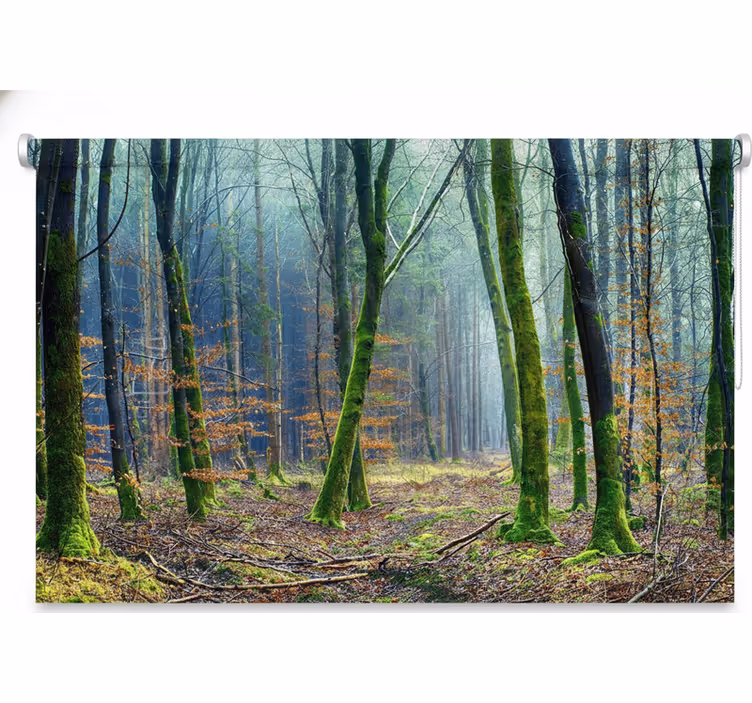 Roleta z drzewami w mglistym lesie japandi - TenStickers