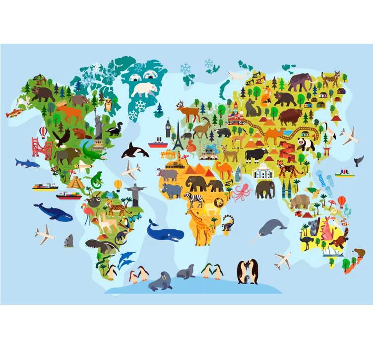 Mapa świata z pomnikami i zwierzętami - TenStickers