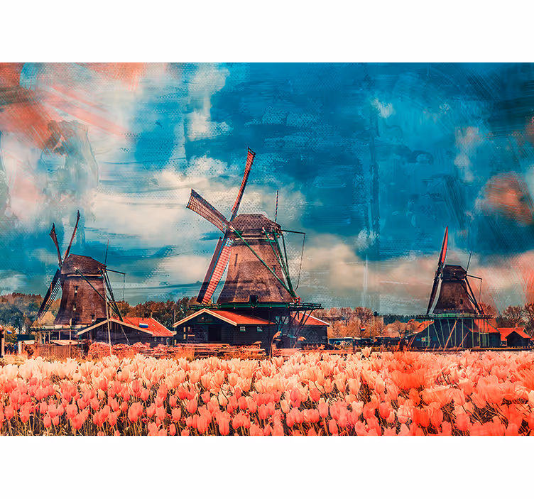 Fototapeta miasto pola tulipanów i wiatraki - TenStickers