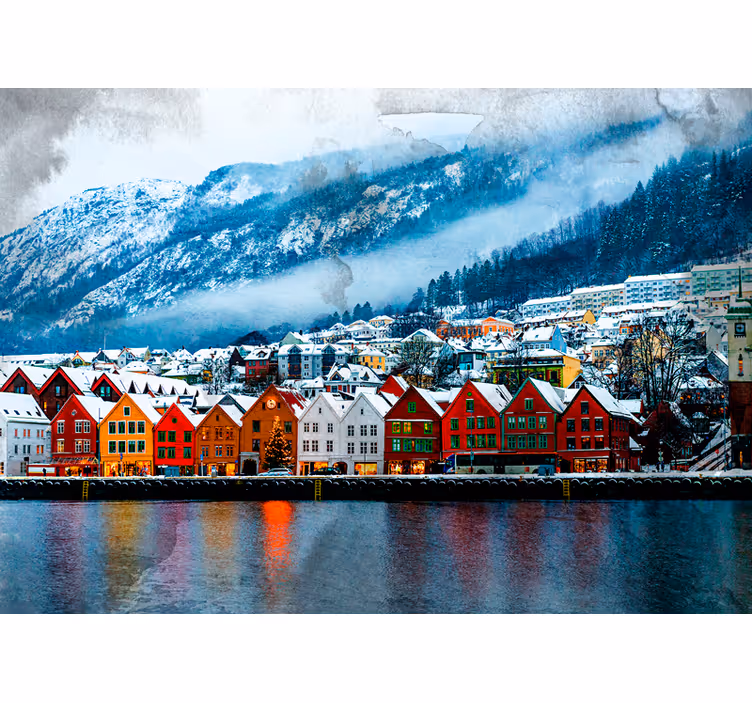 Fototapeta miasto kolorowe domki nad jeziorem - TenStickers