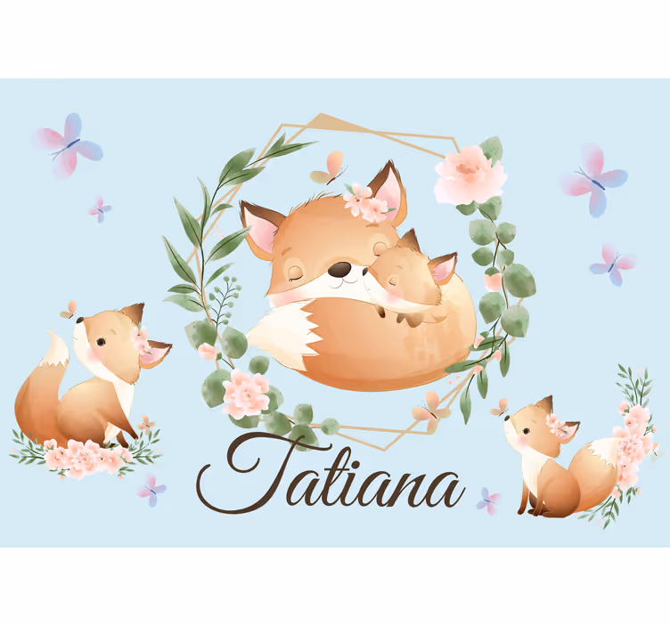 Fototapeta do pokoju dziecka słodka rodzina lisów z imieniem - TenStickers