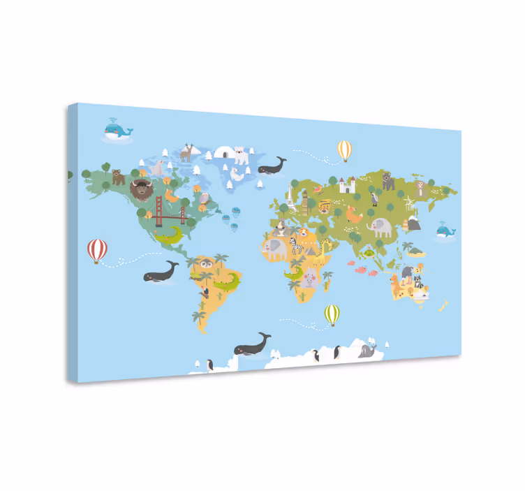 Obraz mapa świata z zabawną mapą zwierząt - TenStickers