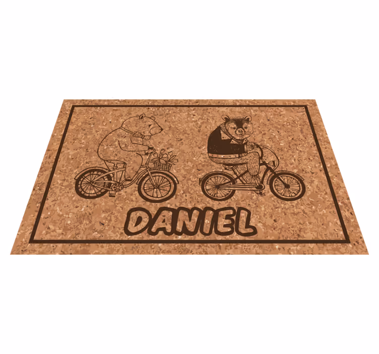 Dziecięcy dywan winylowy niedźwiedzie na rowerze z imieniem - TenStickers