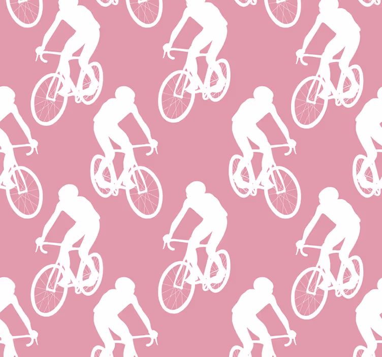 Różowa tapeta wzór białych rowerzystów - TenStickers