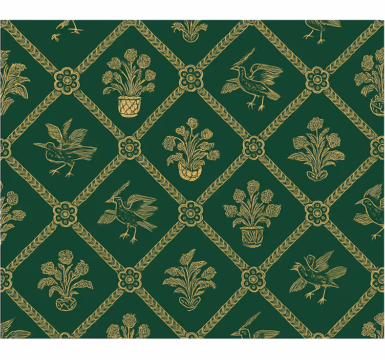 Tapeta do sypialni elegancki zielono-złoty wzór - TenStickers