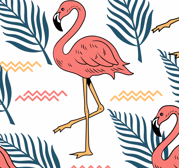 Tapeta ze zwierzętami tropikalne liście z flamingami  - TenStickers