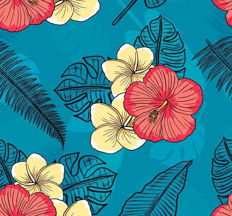 Tapeta kwiaty wzór tropikalnego hibiskusa - TenStickers