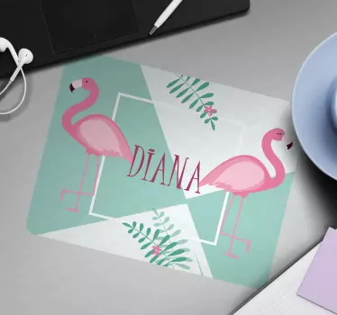 Podkładka pod myszkę z imieniem Słodkie flamingi z liśćmi - TenStickers