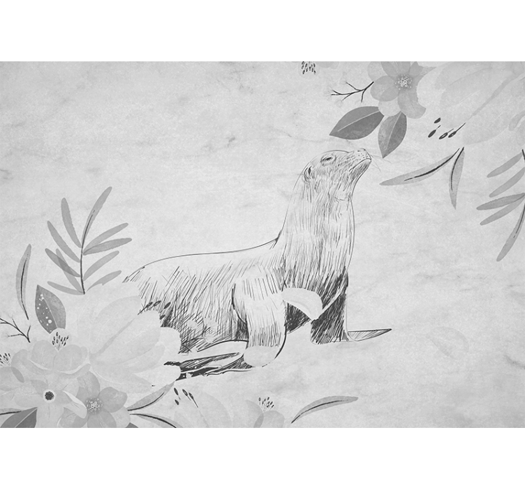 Biała roleta z szarym foką pływającą i kwiatami - TenStickers