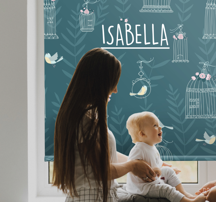 Roleta dla dzieci niebieskie klatki dla ptaków z imieniem - TenStickers