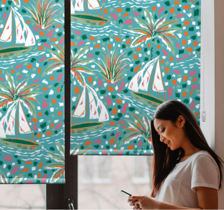 Roleta w kwiaty żaglówki i palmy - TenStickers