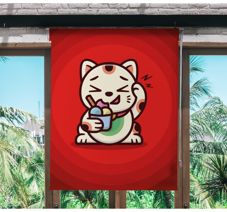 Śmieszna roleta kot cieszący się smakołykami - TenStickers