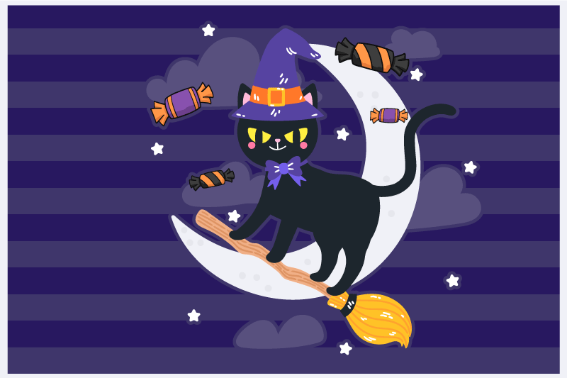 Podkładka na stół halloween kot czarownicy na miotle - TenStickers