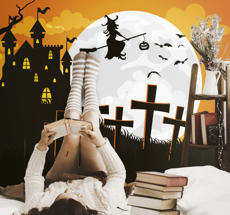 Fototapeta halloween sylwetka latającej czarownicy - TenStickers