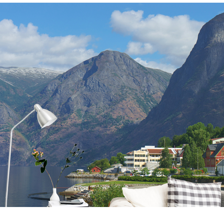 Fototapeta krajobraz domy z widokiem na góry - TenStickers