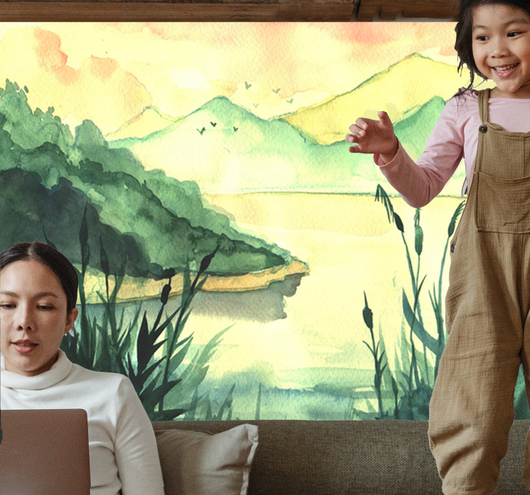 Fototapeta jezioro spokojny, ręcznie rysowany krajobraz - TenStickers