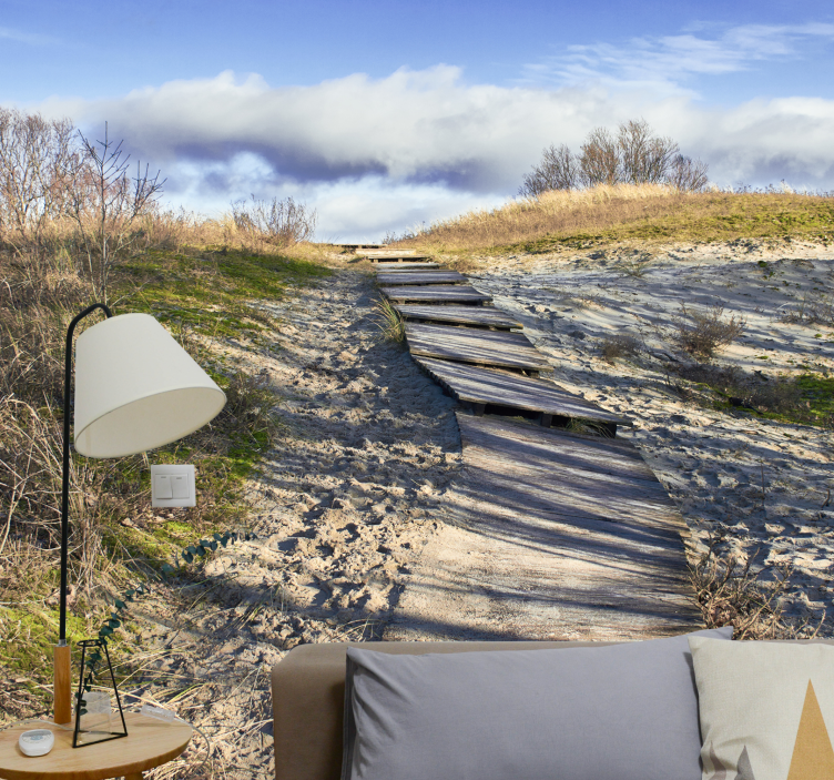 Fototapeta natura Słoneczna plaża z drewnianą ścieżką - TenStickers