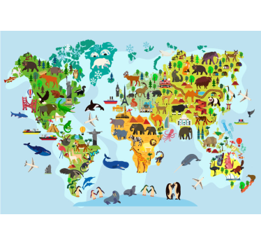 Mapa świata z pomnikami i zwierzętami - TenStickers