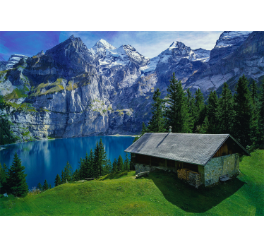Domek nad jeziorem i góry fototapety natura - TenStickers
