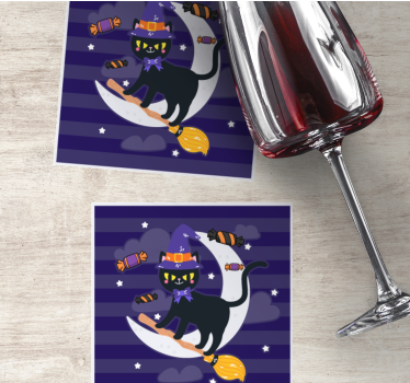 Podkładka pod kubek halloween kot czarownicy na miotle - TenStickers