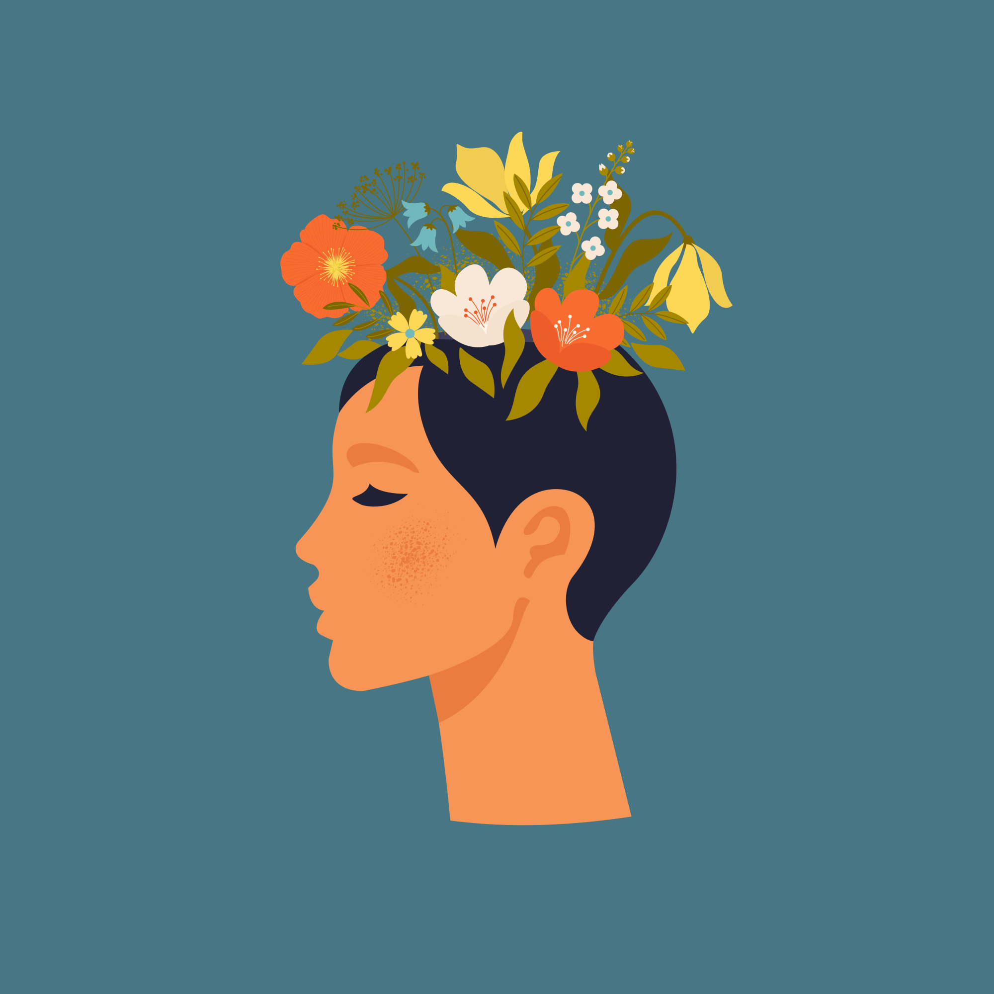 Plakat kwiaty z abstrakcyjną kobietą na niebieskim tle - TenStickers