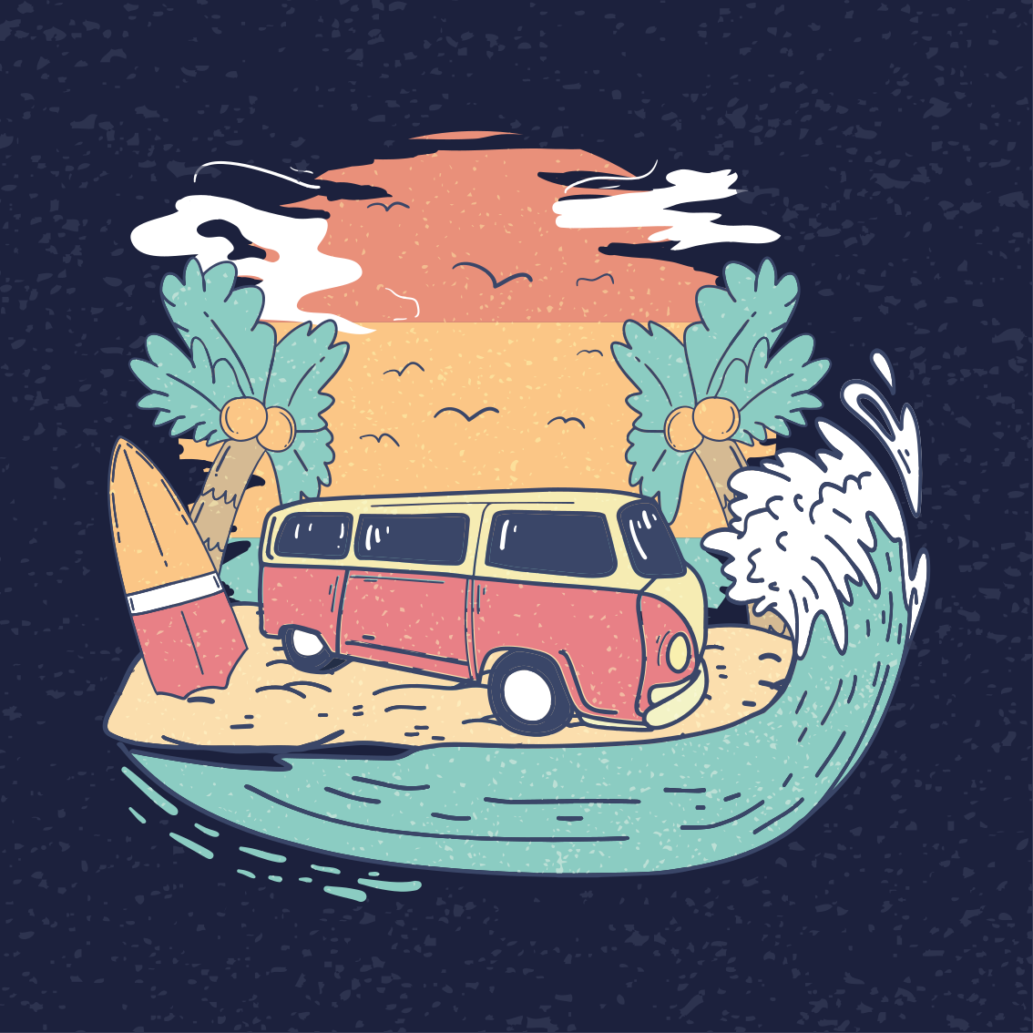 Plakat miasta i państwa scena z vanem surfingowym - TenStickers