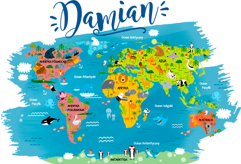 Plakat mapa świata z nazwami zwierząt po polsku - TenStickers