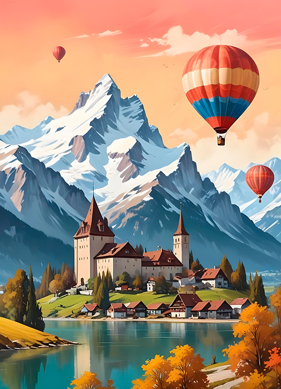 Plakat krajobraz chateau d'oex w szwajcarii - TenStickers
