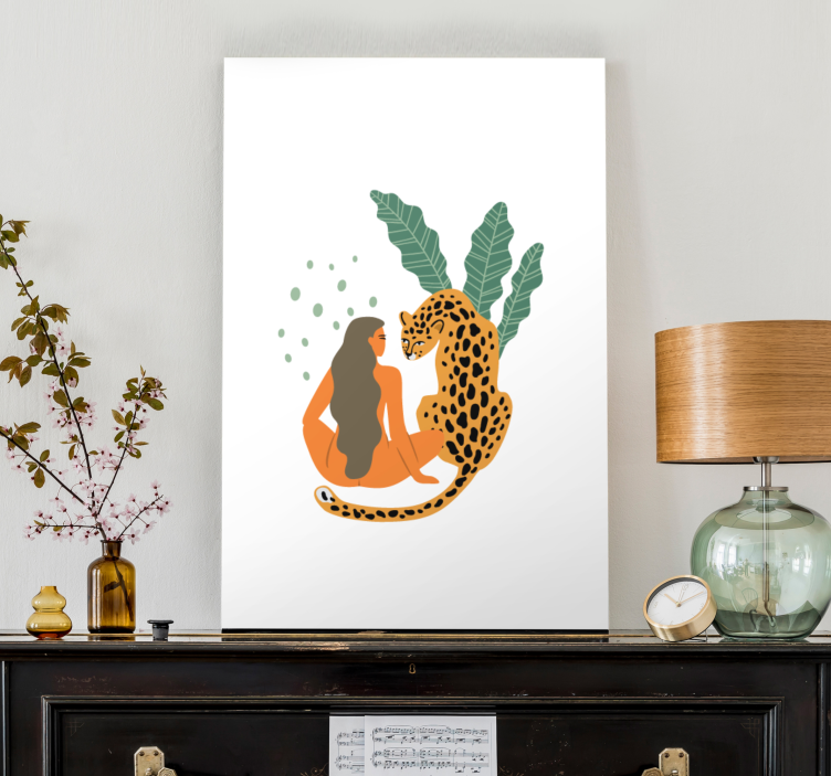 Obraz z postaciami kobieta i lampart obejmują się - TenStickers