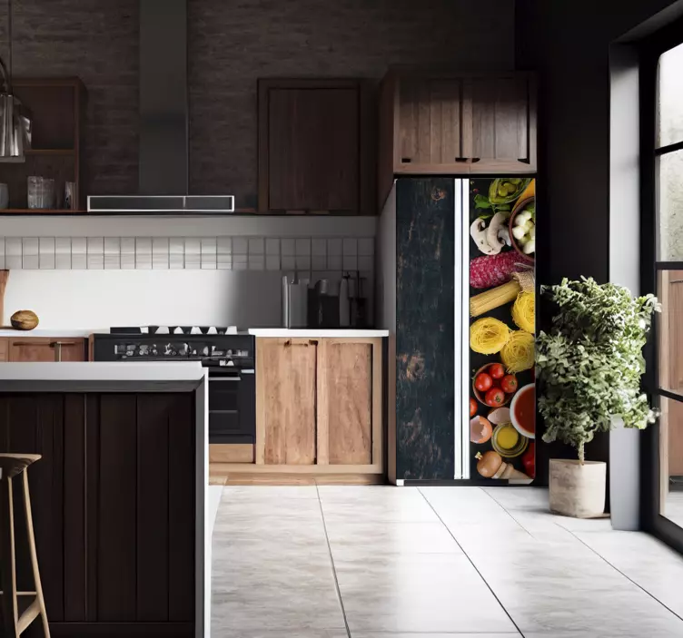 Okleina na lodówke jedzenie na tle drewna - TenStickers