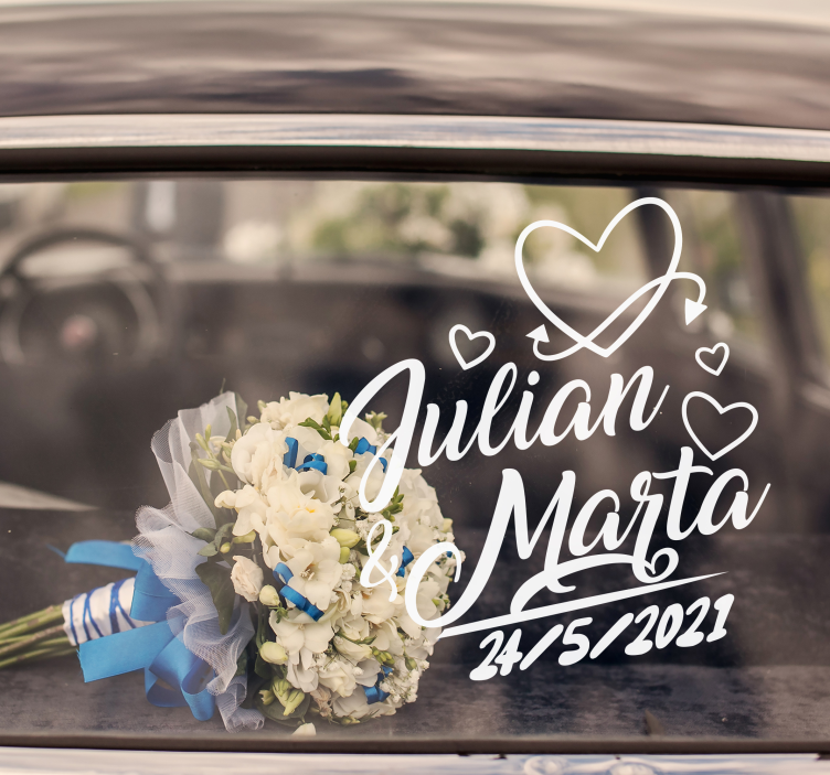 Naklejka ślubna z imieniem, datą i sercami - TenStickers