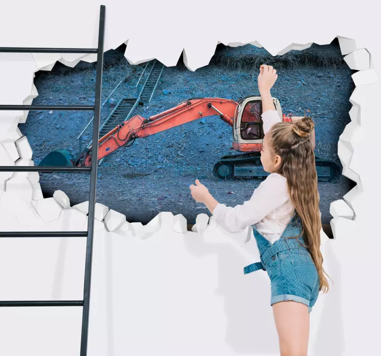 Naklejka na ścianę 3d Rozbita ściana z czerwoną koparką - TenStickers
