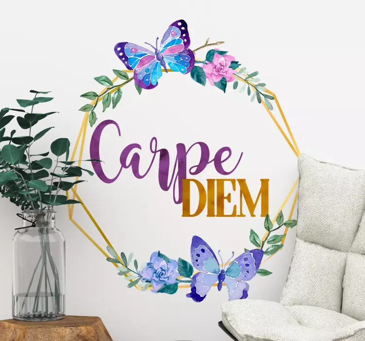 Naklejka "Carpe Diem" w kwiatowej ramce - TenStickers