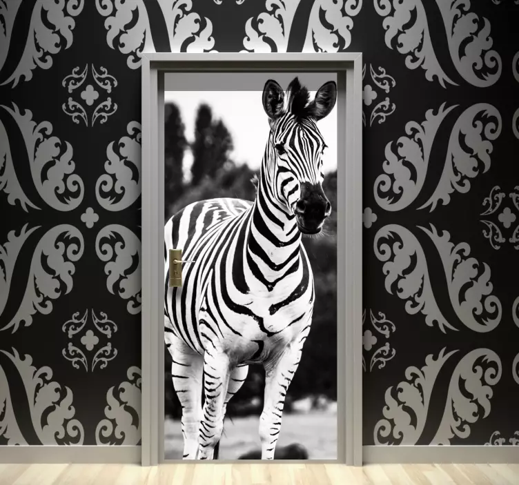 Czarno-biała naklejka na drzwi zebra 3D - TenStickers