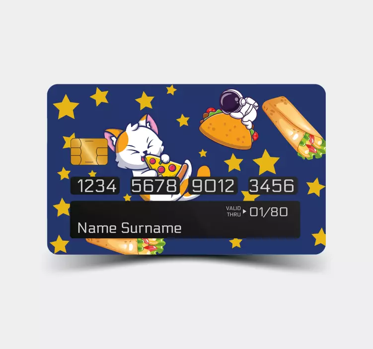 Naklejka na kartę płatniczą latający kot z pizzą i burrito - TenStickers