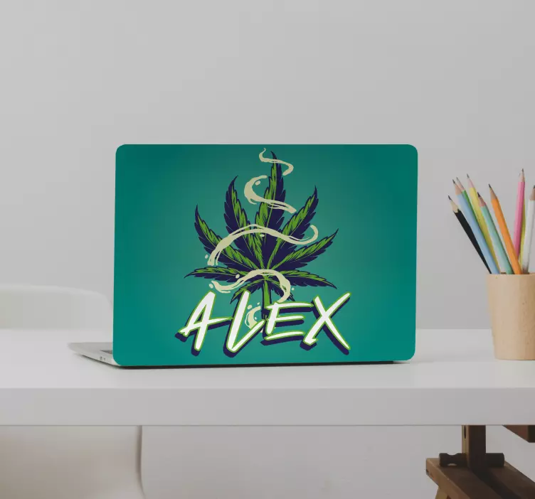 Naklejka na laptopa liść marihuany z nazwą - TenStickers