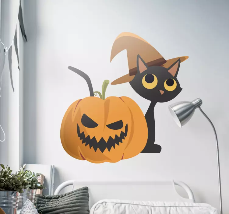 Naklejka na ścianę Halloween: czarny kot i dynia - TenStickers