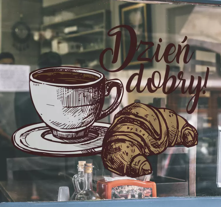 Naklejka na szybę do kuchni dzień dobry kawa i croissant - TenStickers