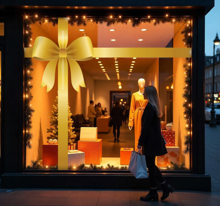 Naklejka na witrynę sklepową złota kokarda prezentowa - TenStickers