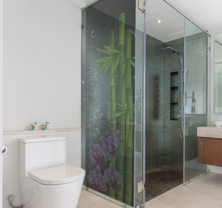 Naklejka na kabinę prysznicową bambus i kwiaty - TenStickers