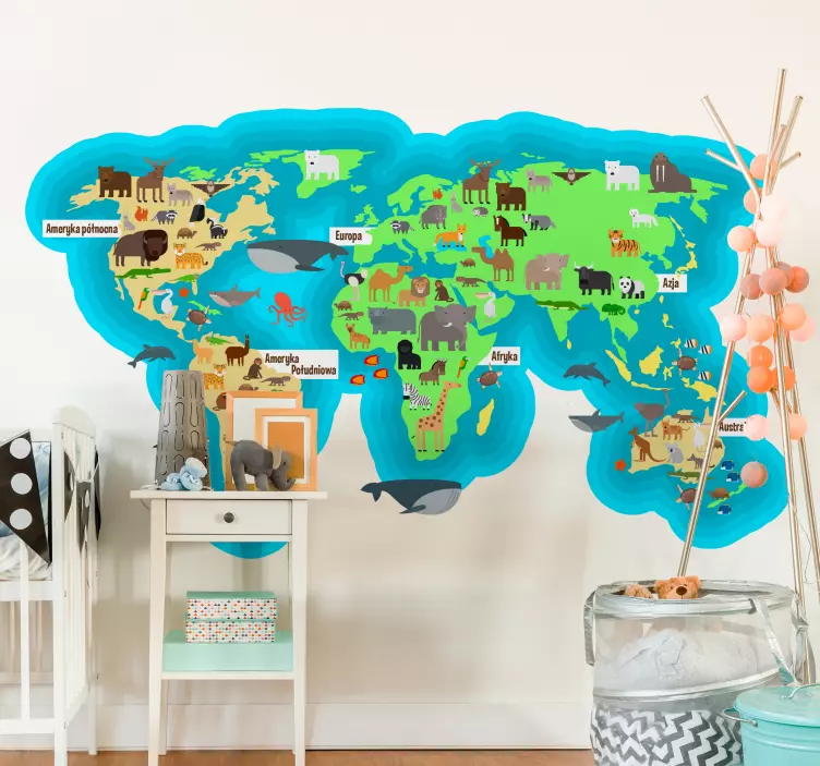 Naklejka mapa świat oceany kontynenty zwierzęta - TenStickers