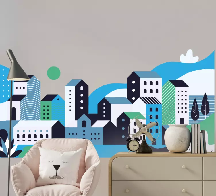 Naklejka na ścianę ilustracje Niebieskie góry wioski - TenStickers