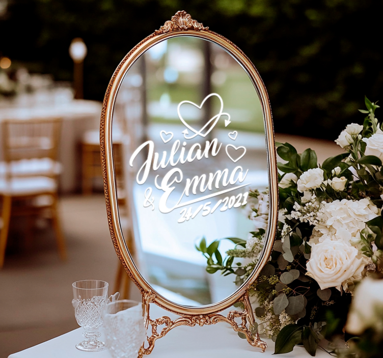 Naklejka ślubna z imieniem, datą i sercami - TenStickers