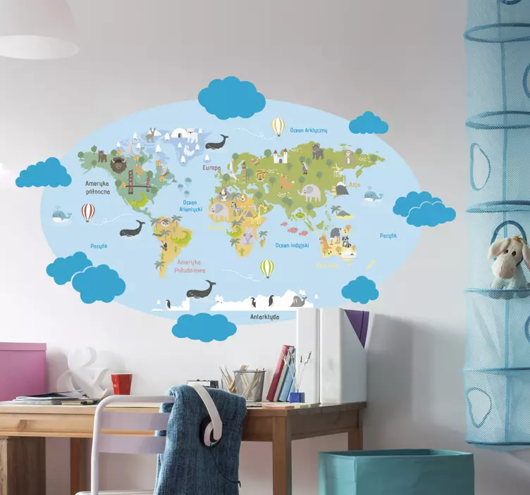 Naklejka z rysunkiem błękitna mapa świata - TenStickers