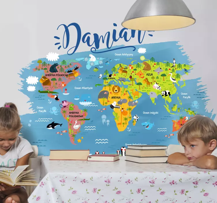 Naklejka mapa świat zwierzęta oceany imię - TenStickers