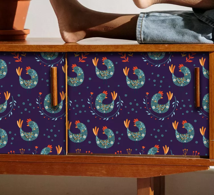 Naklejka na meble Fioletowe kurczaki i kwiaty - TenStickers