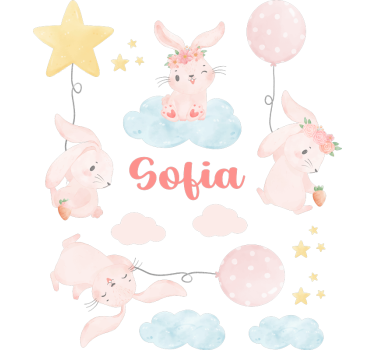 Naklejka na ścianę dla dzieci różowe balony z króliczkami - TenStickers
