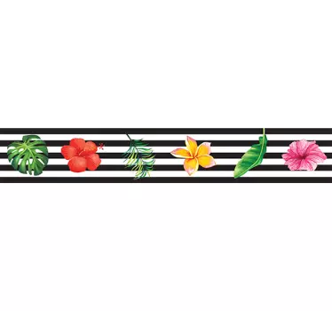 Naklejka na ścianę czarno-białe paski z kwiatkami i liśćmi - TenStickers