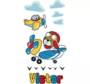 Naklejka z rysunkiem Samolot z misiem i imieniem - TenStickers