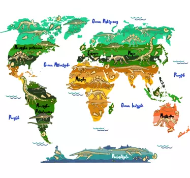 Naklejka na ścianę mapa świata z dinozaurami - TenStickers